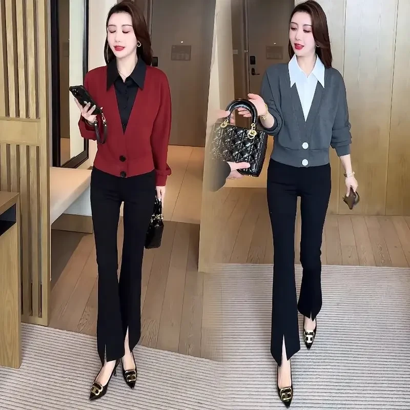 时尚洋气套装女2025春季新款遮肉显瘦假两件衬衫微喇裤减龄两件套