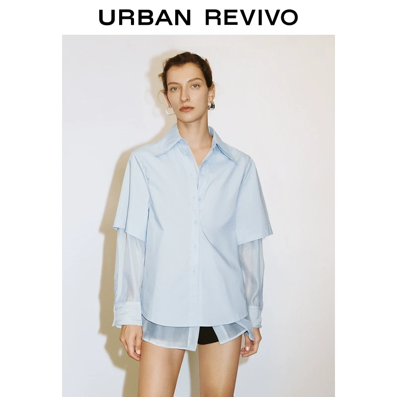 UR2025春季新品女装欧若风假两件设计感长袖开襟衬衫UWJ250008