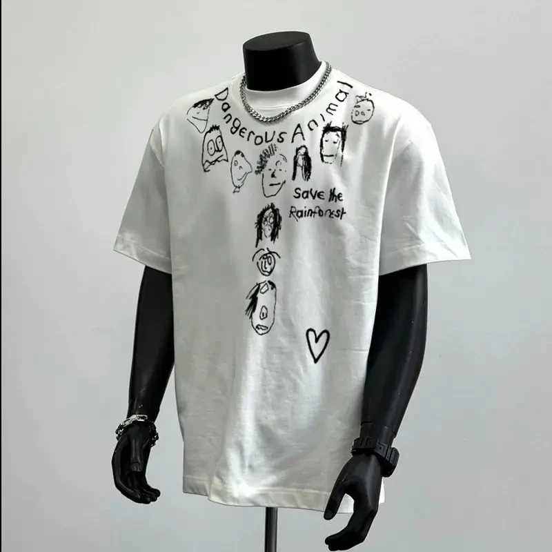 280g纯棉小领口重磅不透美式高街涂鸦ins时尚百搭纯棉情侣短袖t恤