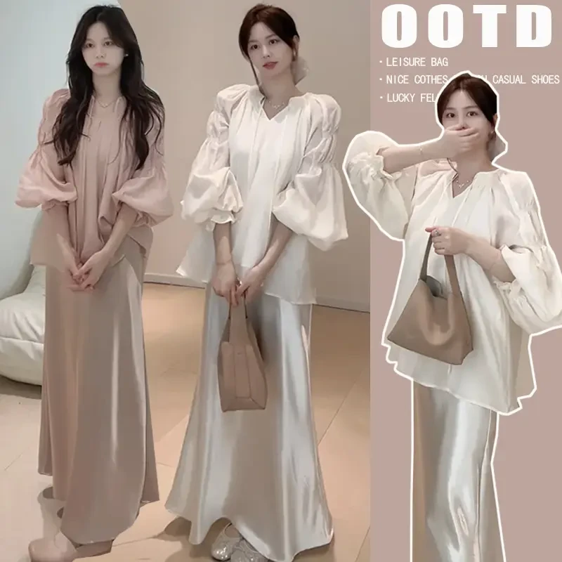 孕妇套装春夏季2025新款高级感气质v领衬衫甜美泡泡袖上衣两件套