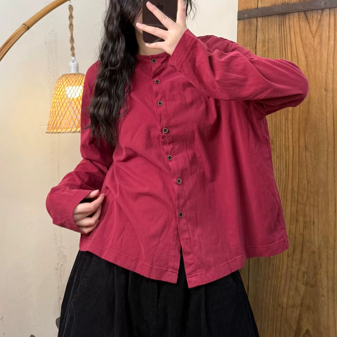 【半奏】春季新款纯色文艺风系扣圆领针织棉上衣胸围116衣长59