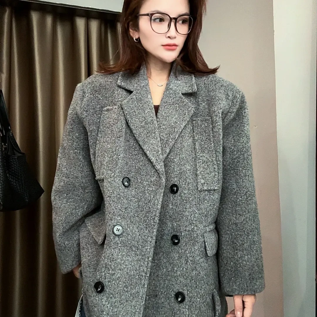 61822#秋冬韩系高级感宽松短款西装加棉加厚毛呢外套女小个子