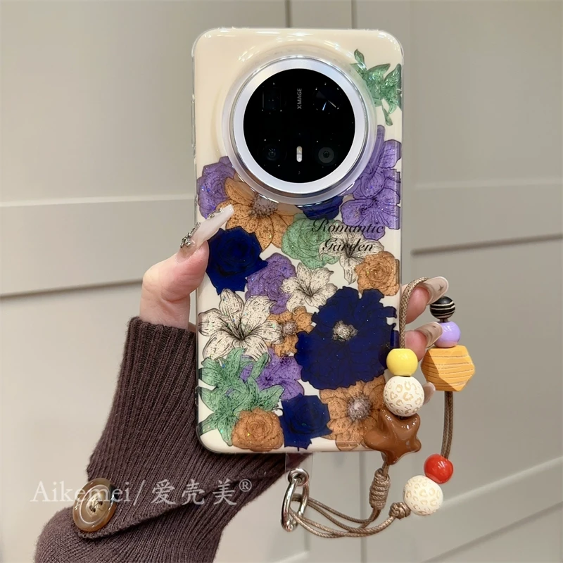 适用华为mate70pro+手机壳小众复古彩色mate60pro+闪粉花朵链条女