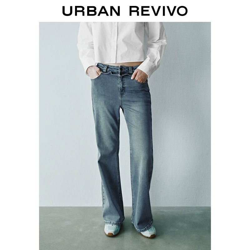 UR2025春季新品女装欧若风复古休闲木耳边水洗牛仔长裤UYY850006