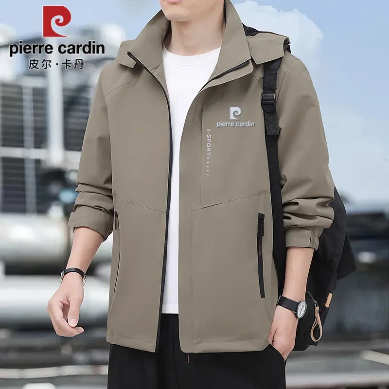 皮尔卡丹春秋季冲锋衣男士夹克外套户外登山服加绒加厚连帽可拆卸
