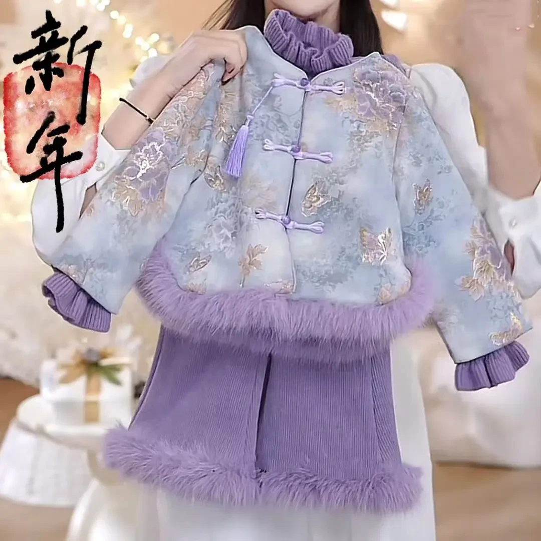 儿童洋气长袖2025秋冬加绒新中式女宝宝冬季背心裤子中式童装套装