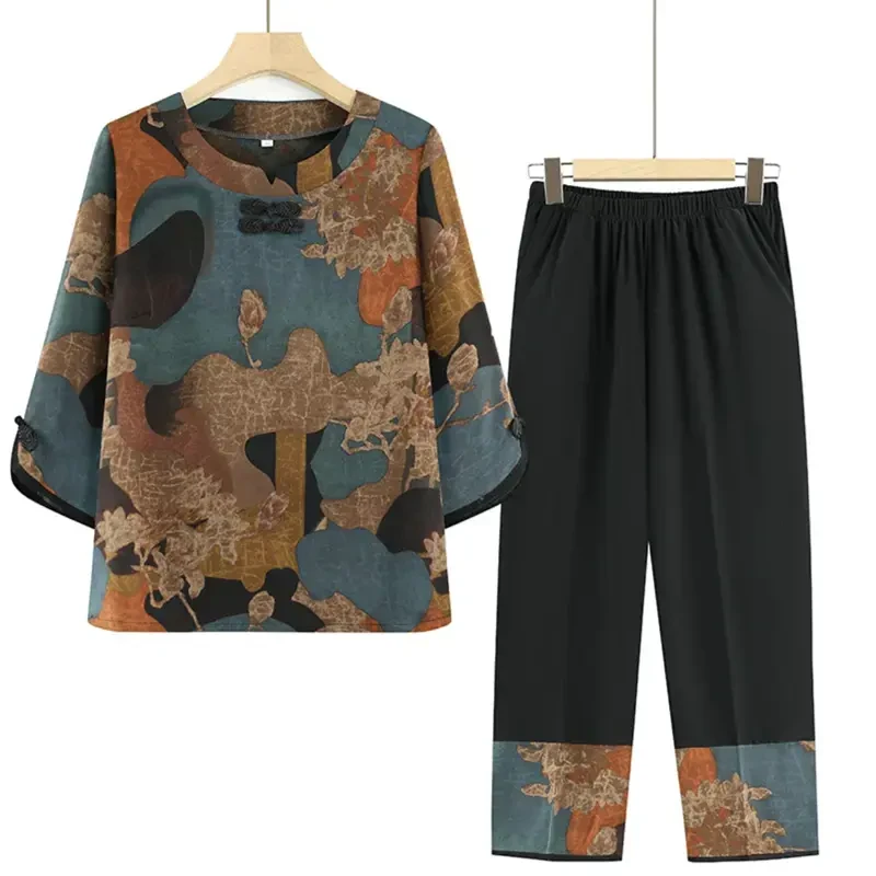 【芊上】9039 妈妈装夏季新款宽松遮肉显瘦气质高雅五分袖套装