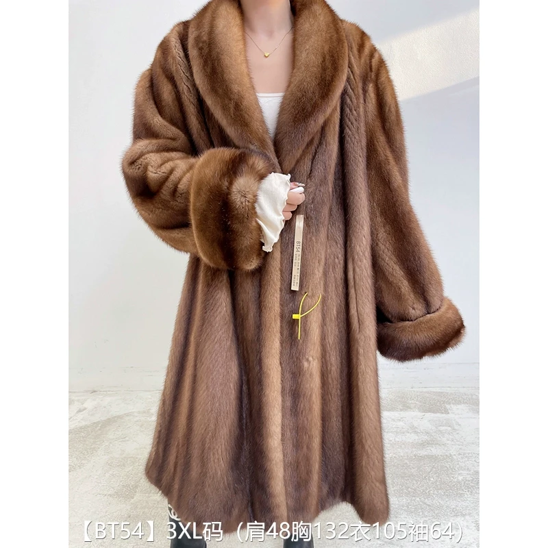 【BT54】3XL码 蜜茶棕全抽超长款貂皮大衣皮草外套 青果领挽袖