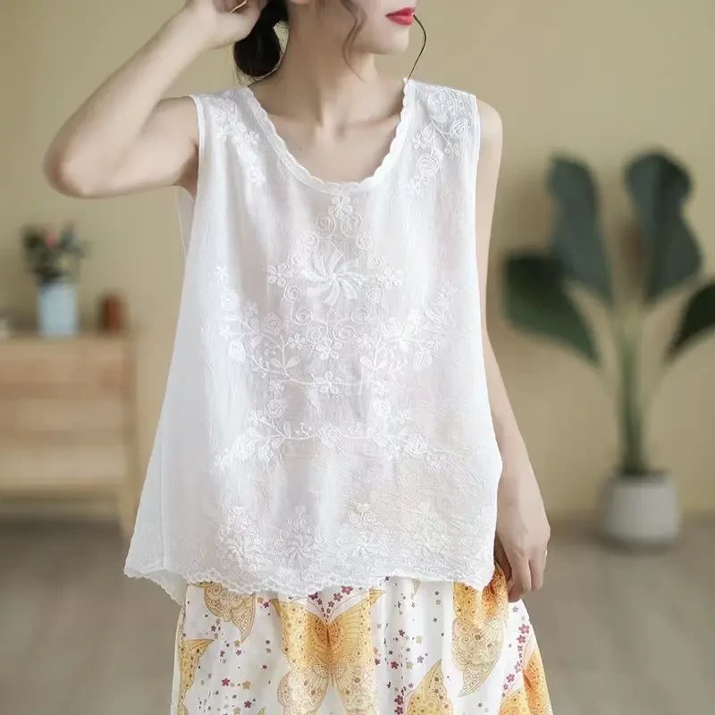 专柜大牌尾单剪标女棉麻刺绣宽松文艺范圆领无袖内搭吊带背心上衣