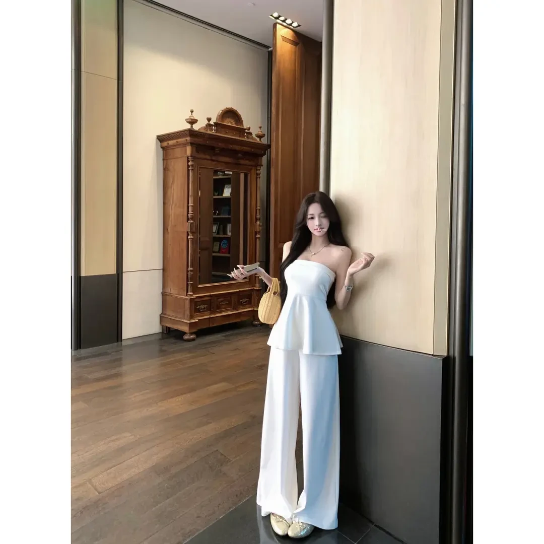 女生韩系ins衣服法式抹胸收腰显瘦上衣2025夏季阔腿休闲裤套装