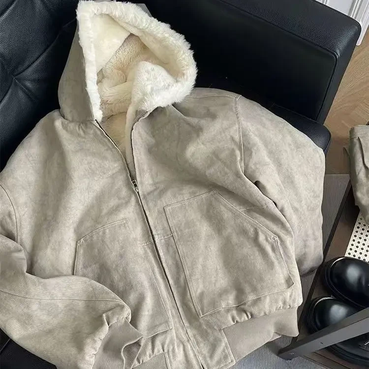 座山雕美式潮牌连帽棉衣情侣装重磅做旧水洗保暖加厚百搭休闲外套