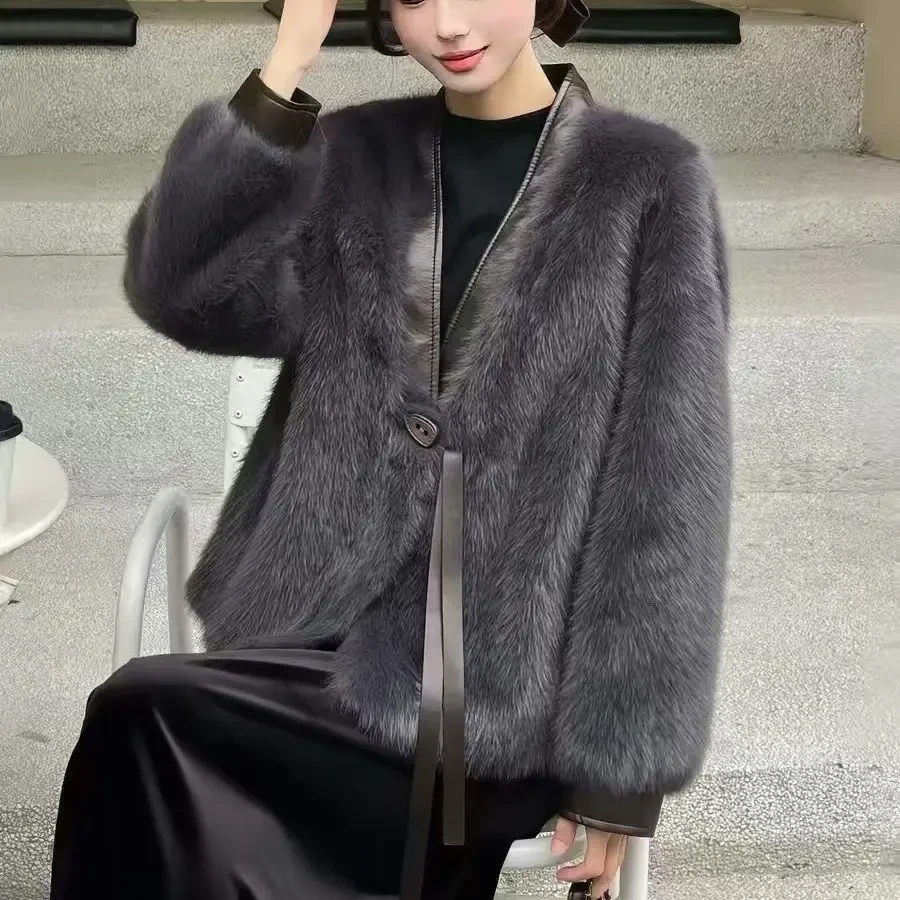 人造皮草 英英姐拼接皮边V领皮毛短外套女装冬季气质时尚保暖潮