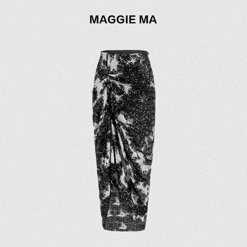 MAGGIE MA马婧设计师款夜空繁星亮片扎染黑灰显瘦包臀半身裙890B