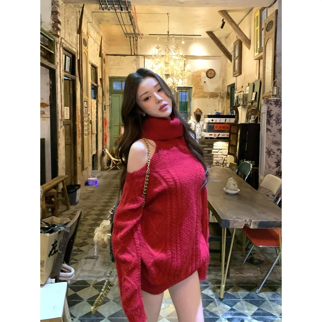 2025新款氛围感高领露肩减龄毛衣女秋冬针织衫修身显瘦百搭上衣