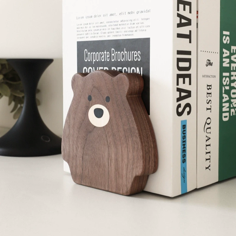 实木小熊桌面收纳置物书立桌上书架黑胡桃木书挡书靠夹卡通书档