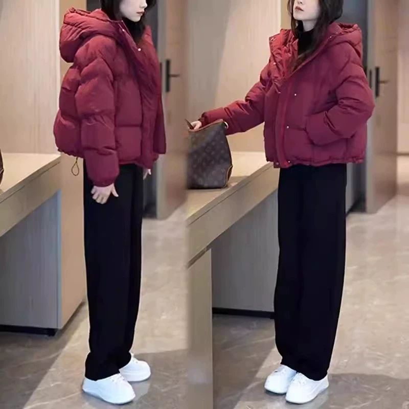 酒红色棉服短款冬季加厚小个子棉衣外套女2025新款韩版时尚面包服