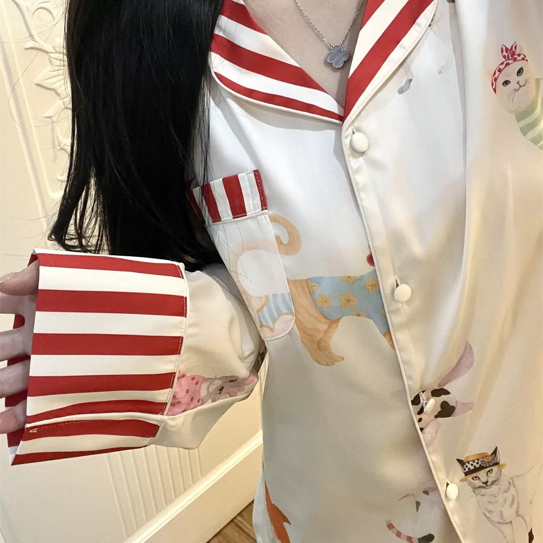 【小猫派对】2025新款卡通缎面冰丝睡衣女春秋套装大码可爱家居服