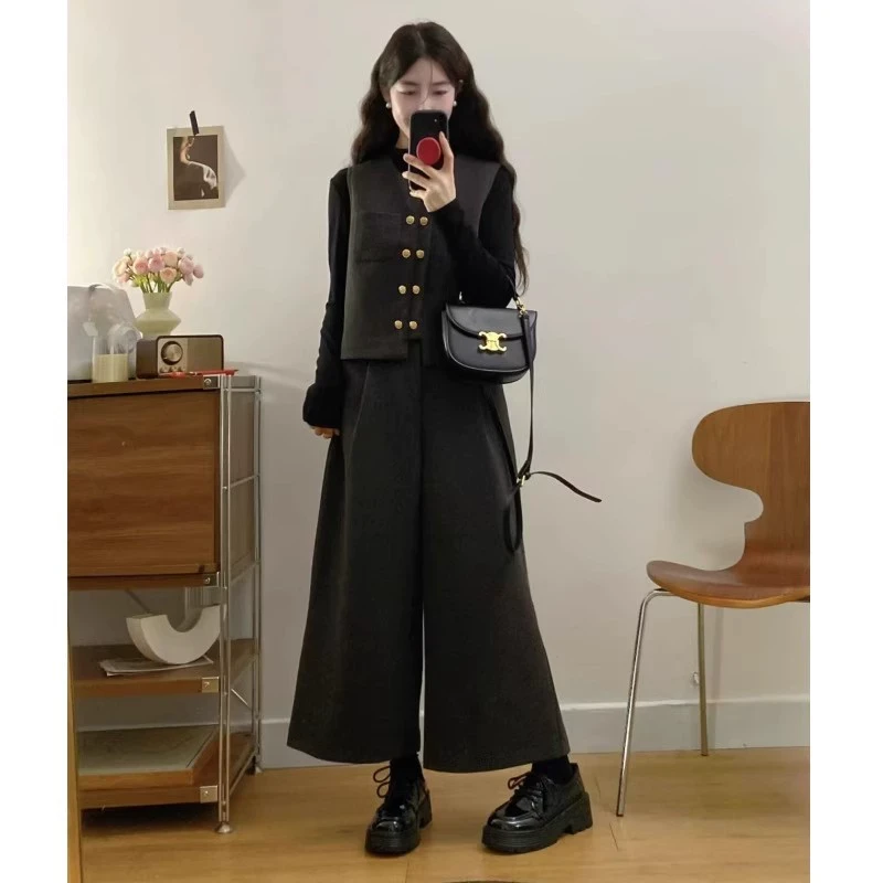 微胖妹妹大码女装时尚小香风马甲套装秋冬洋气高腰阔腿裤三件套潮