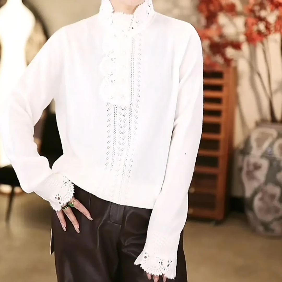YOUNG DODO杨多多秋冬拼接花边蕾丝领针织打底衫6696