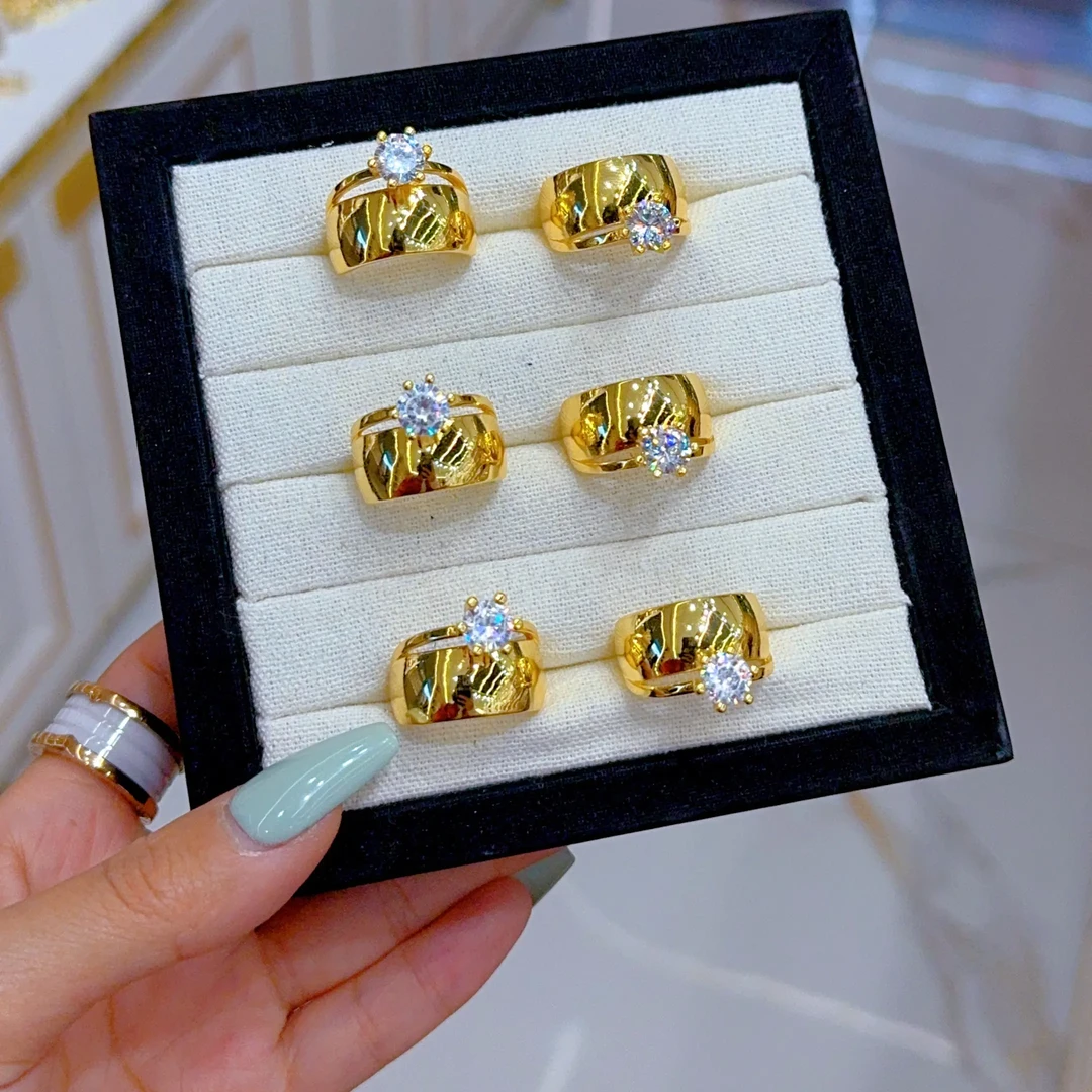 钛钢戒指 时尚百搭金色可调节钛钢合成锆石174