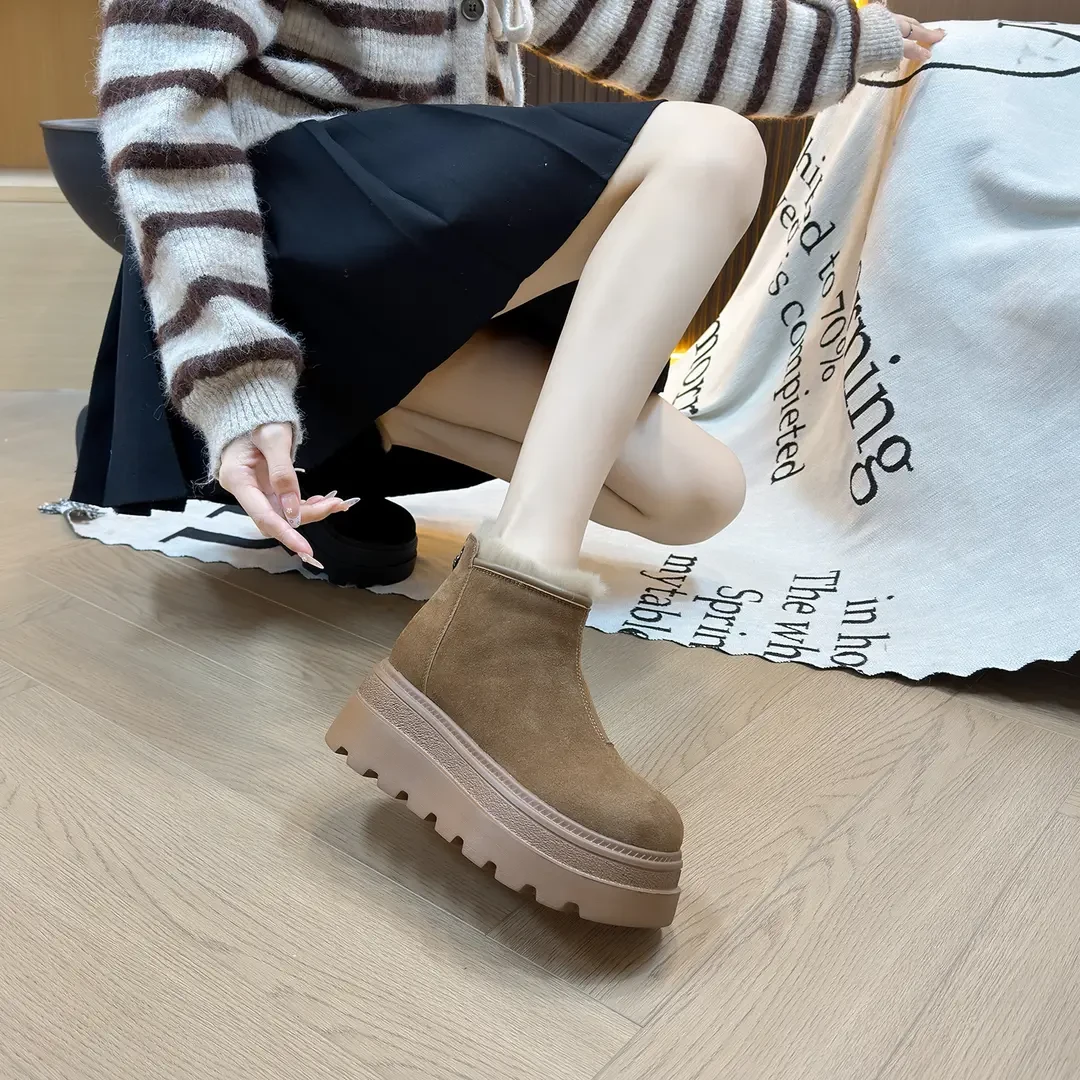 8CM厚底增高加厚加绒雪地靴女2025冬季新款短筒防滑抗寒东北棉靴