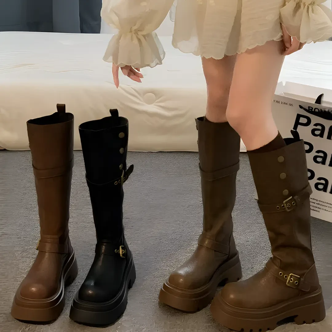 长筒休闲长靴女款2025秋冬季新款时尚百搭小个子复古风厚底时装靴