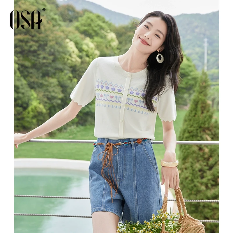 【勿忘我小衫】OSA清新彩色提花针织衫女减龄套头衫上衣S125B16033