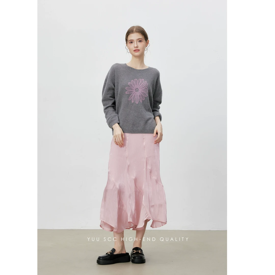 YUU644粉色光泽半裙春秋高腰显瘦垂感飘逸裙A字荷叶边设计感裙