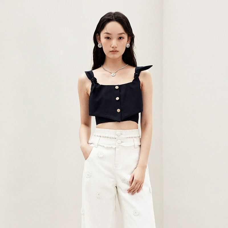 LE FAME/拉飞姆2025年春季新款少女感藏蓝系带吊带