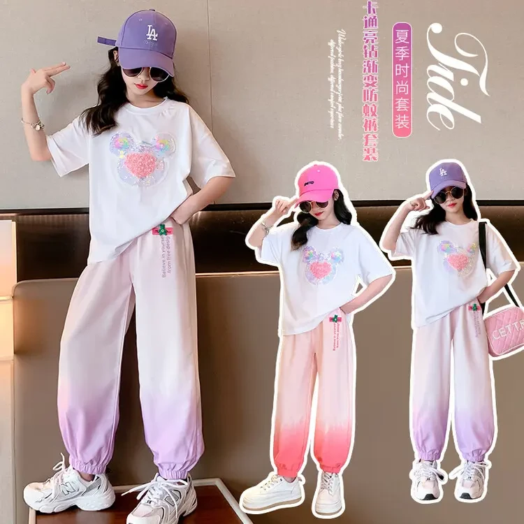 春秋夏季薄款中大童洋气宽松上衣儿童短袖舒适时尚休闲长裤两件套