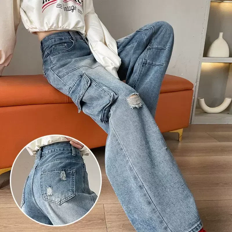 工装破洞牛仔裤女春秋季2025新款春装高腰设计感宽松直筒阔腿裤子