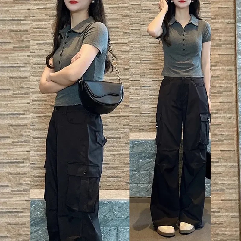 新款时尚套装女装2025夏季新款洋气简约短袖高腰显瘦工装裤两件套
