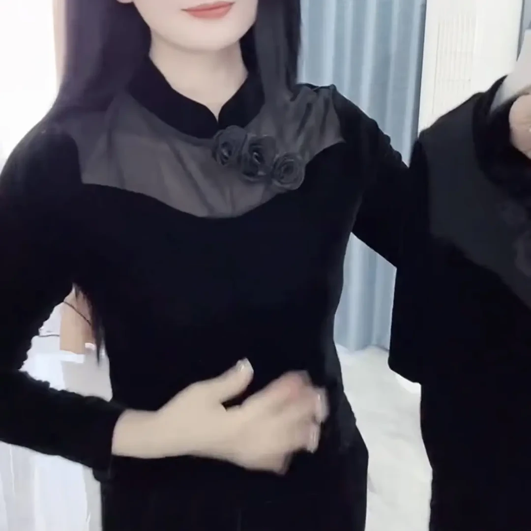 秋冬季新款重工网纱拼接丝绒显瘦气质打底衫上衣黑色长袖百搭网红