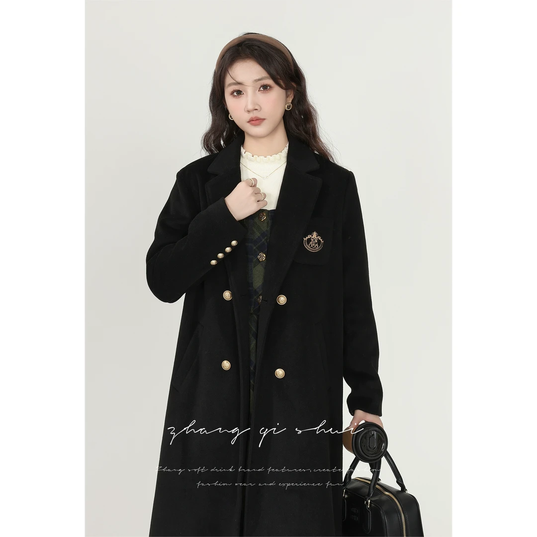张小小《冬日摩洛哥》秋冬季新款百搭黑色学院风中长款毛呢外套女