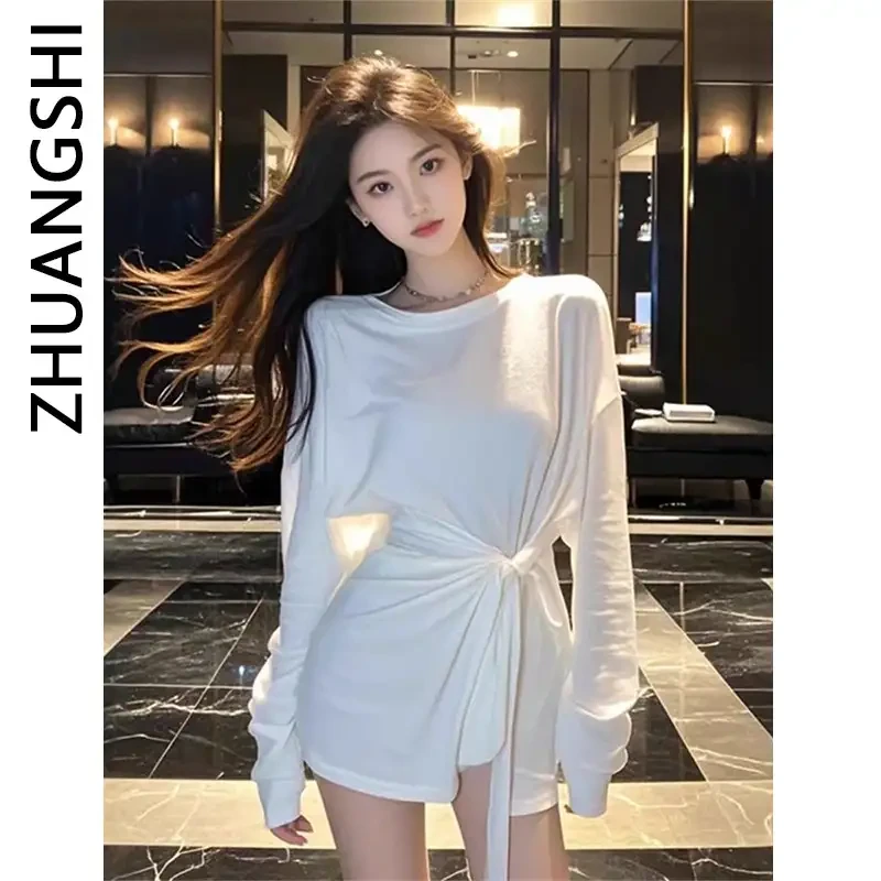 白色圆领系带收腰长袖T恤女春季新款韩系宽松慵懒风内搭外穿上衣