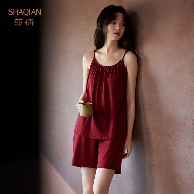 莎倩吊带睡衣女夏季2025新款莫代尔带胸垫红色本命年大码两件套装