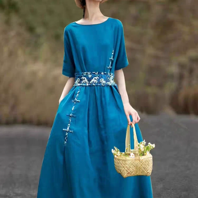 民族风文艺女装棉麻连衣裙折扣夏季新款宽松收腰显瘦气质旅行长裙