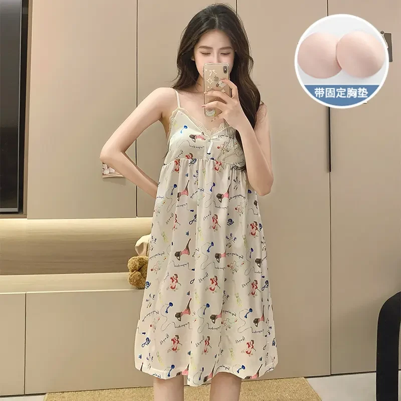 四号飞飞袖带胸垫睡衣女2025新款夏碎花莫奈花园性感家居服套装