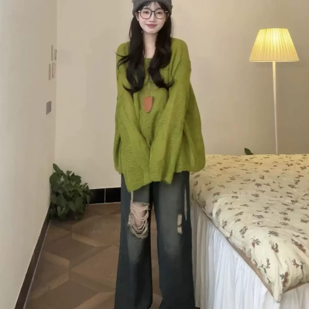 宽松慵懒风绿色微透毛衣2025早春新款女设计感小众长袖针织衫上衣