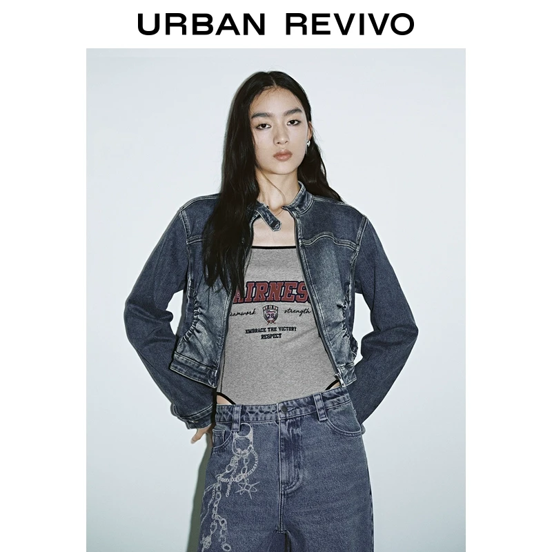 UR2025秋季新款女装复古街头水洗褶饰短款牛仔衬衫UYV850015
