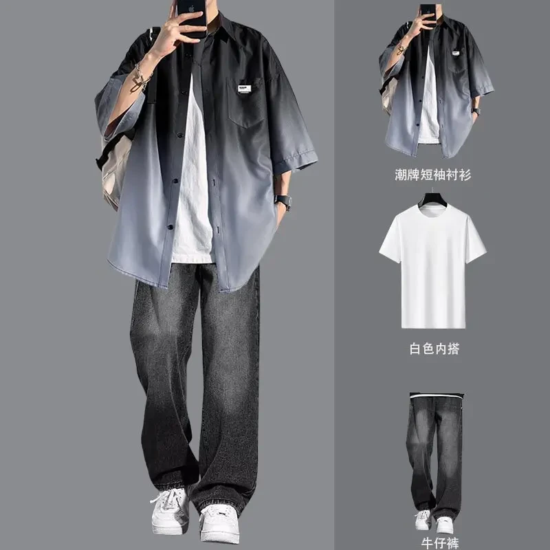 渐变色短袖衬衫男套装夏季薄款潮牌痞帅衬衣外套穿搭一高级感男装