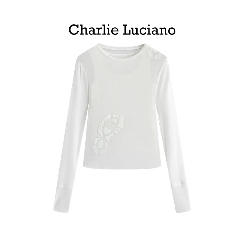CharlieLuciano假两件脚印标识打底衫2025新款宽松潮牌上衣女