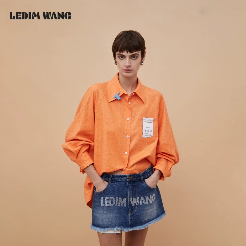 LEDIM WANG橘色亚麻长袖衬衫女春日氛围感百搭宽松质感衬衣外套