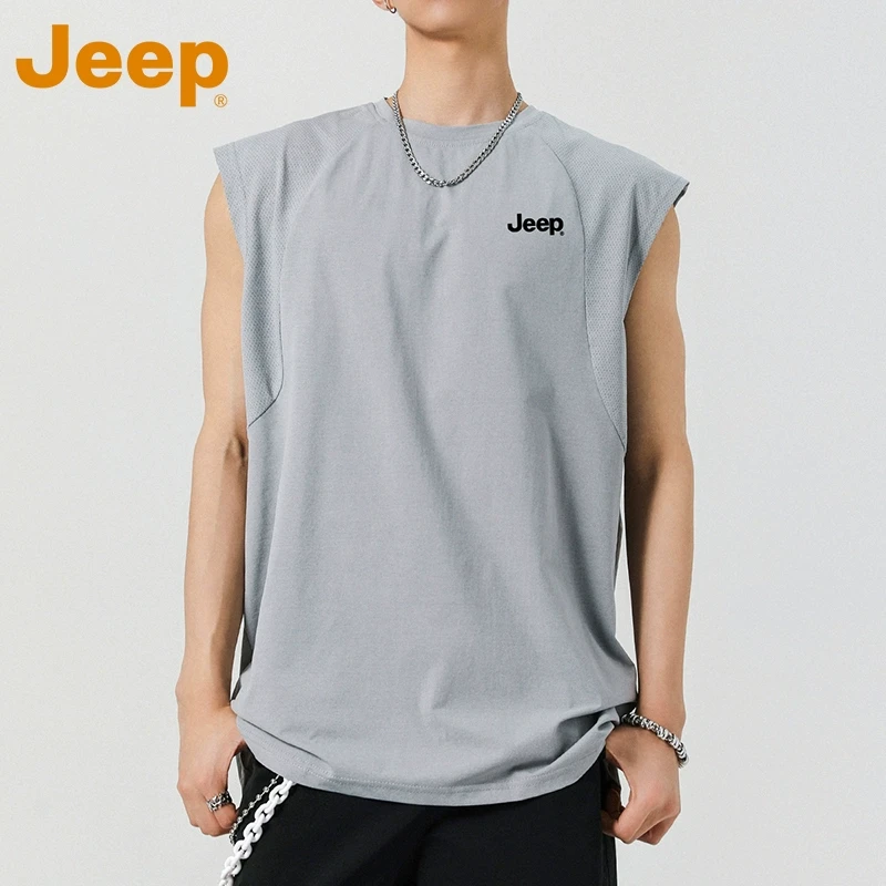 JEEP吉普运动健身无袖背心男款夏季冰丝速干网眼拼接宽松休闲坎肩