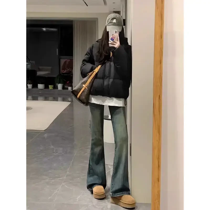 2025新款早秋小个子复古蓝微喇直筒牛仔裤女高腰弹力显瘦马蹄裤