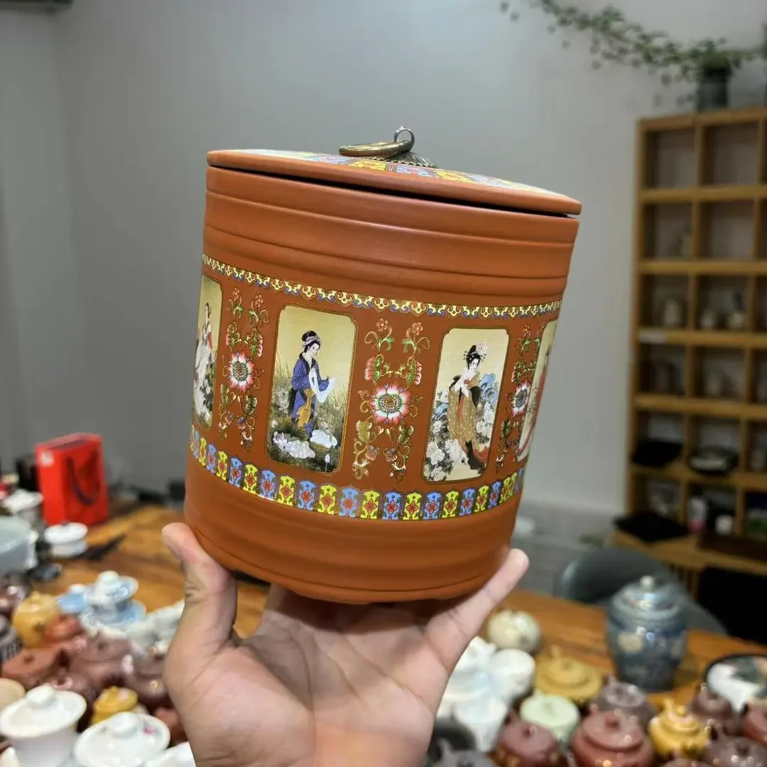 大直罐红回纹描金茶叶罐密封罐储物罐-4411