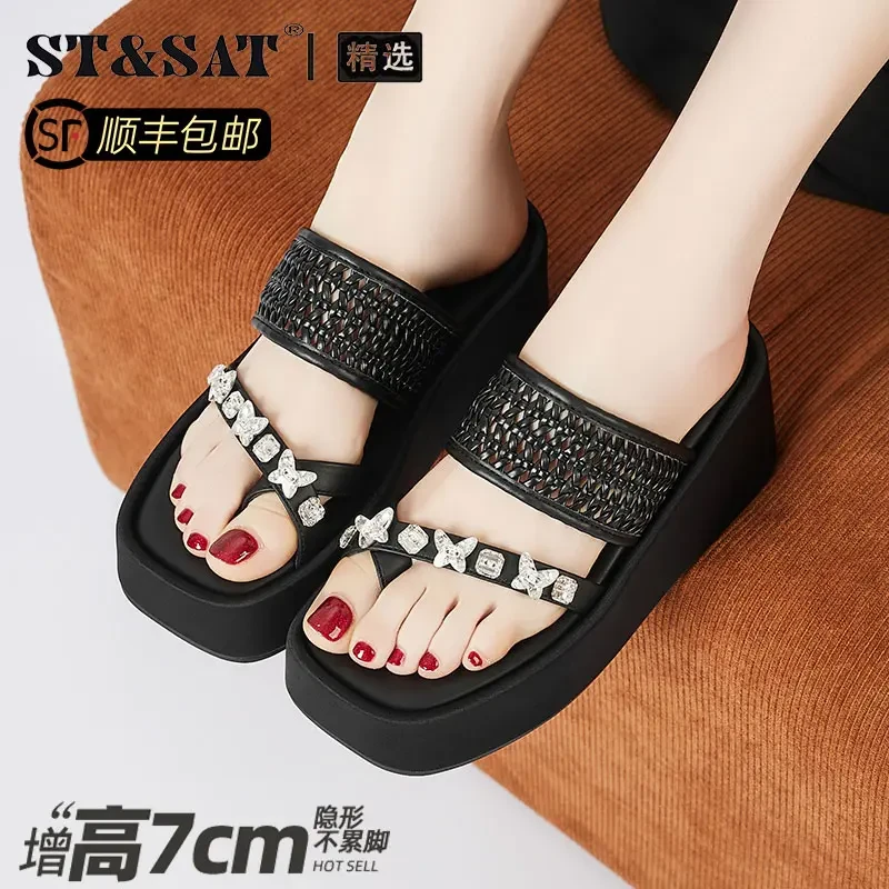 星期六水钻套趾一字拖鞋女秋季新款7cm增高编织透气一脚蹬凉拖鞋
