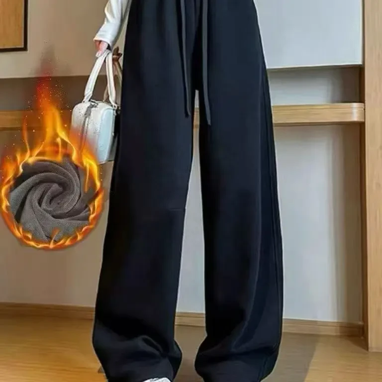 新款高腰灰色斜纹棉抽绳阔腿裤秋冬加绒保暖宽松显瘦休闲卫裤