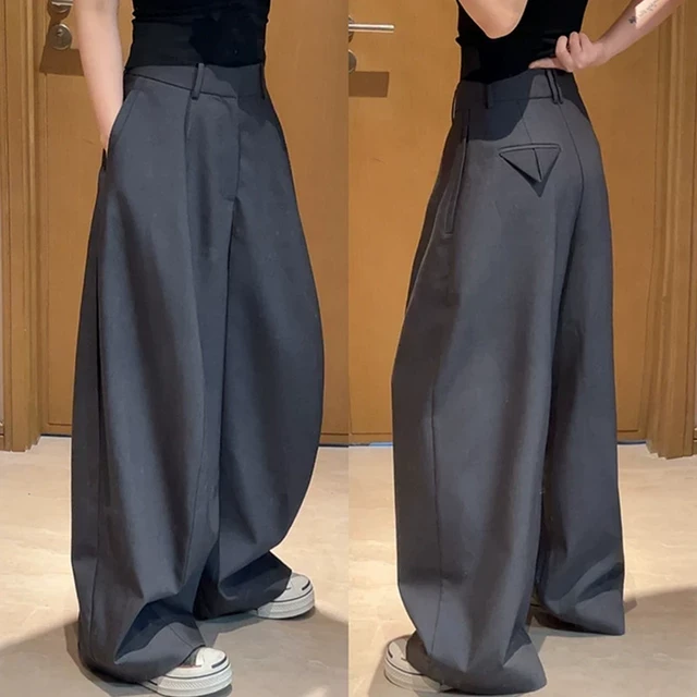 时尚个性口袋休闲西装阔腿裤女夏季百搭垂感高腰显瘦直筒拖地长裤