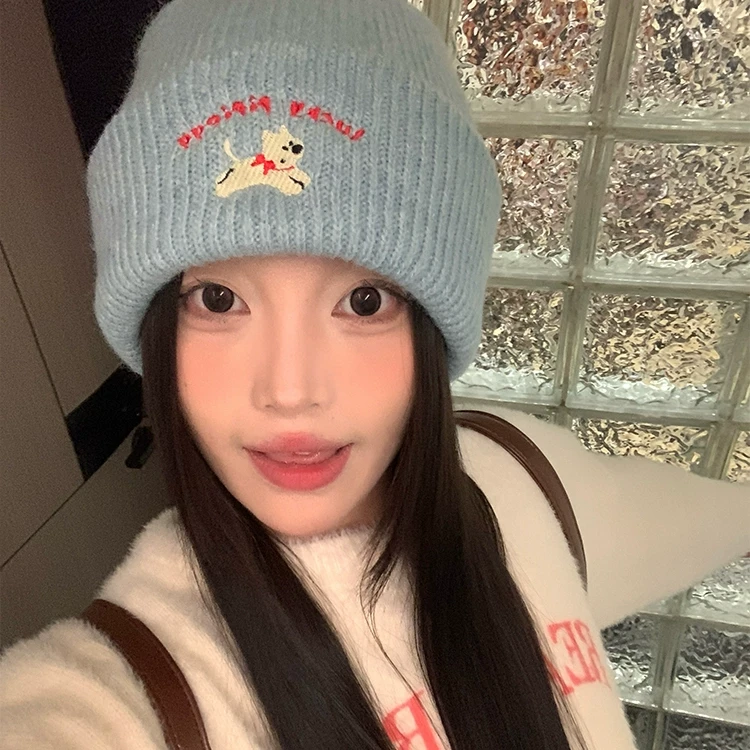 韩版刺绣小狗针织毛线帽子女冬季新款可爱加厚保暖显脸小包头帽